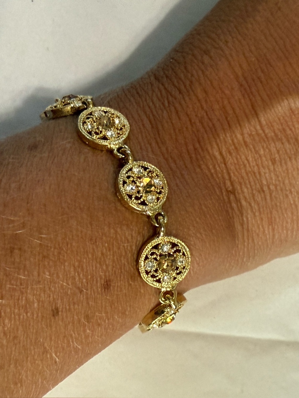 Gold Tone Filigree Medallion Crystal Link Statement Bracelet Dainty Lightweight